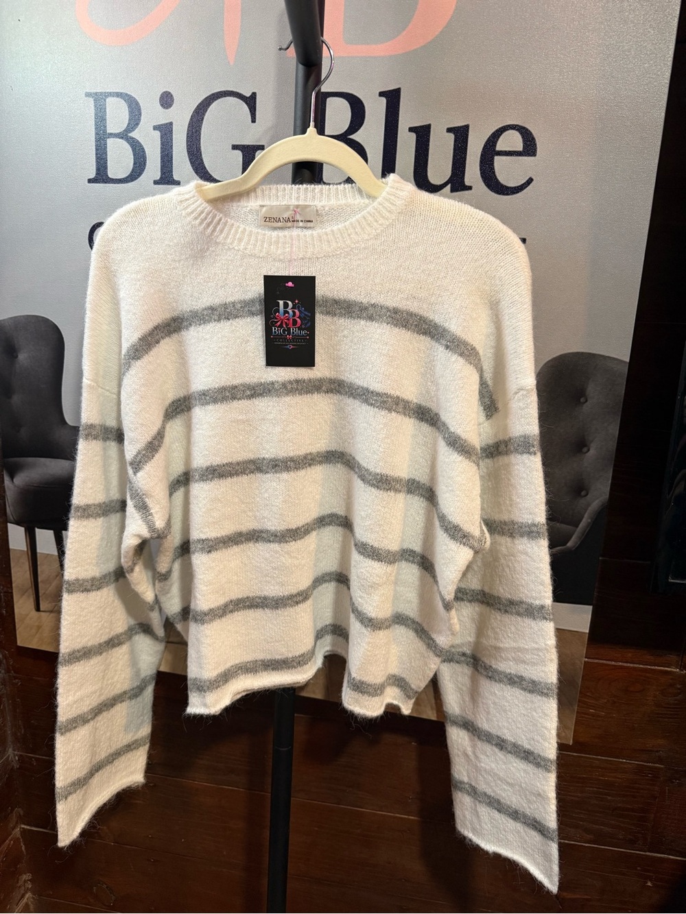 Zenana Outfitters Cream and Gray Striped Crewneck Sweater
